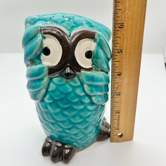 Bashful Owl 6" Glazed Ceramic Figurine Teal Blue Statue Decor Handmade Pottery - Picture 2 of 7